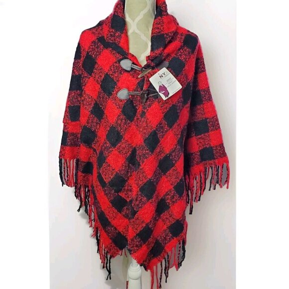 NYA Plaid Fringe Wrap Toggle Buttons Red Black Acrylic ONE SIZE - Picture 1 of 5